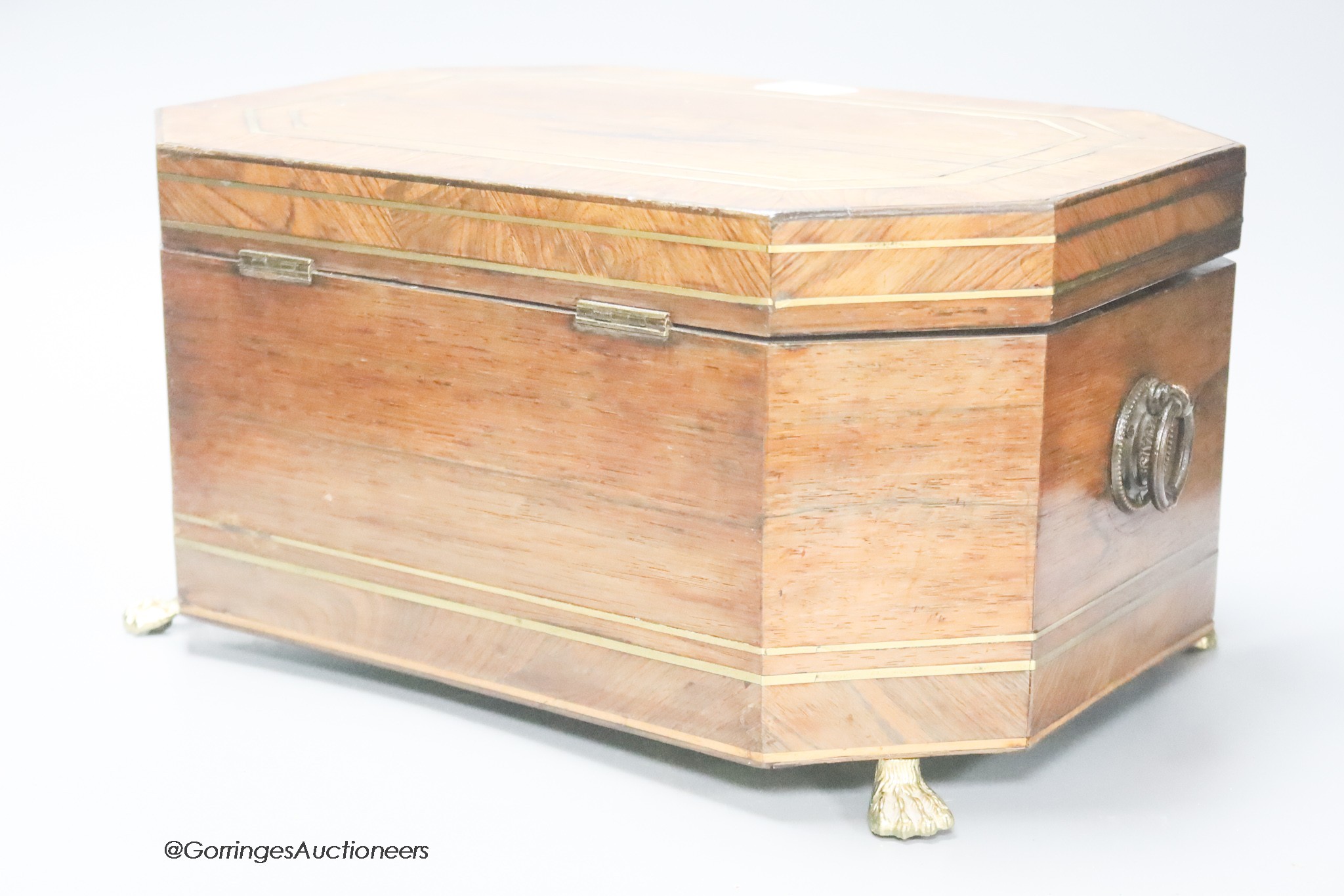 A large 19th century brass banded rosewood work box, width 33cm height 18cm